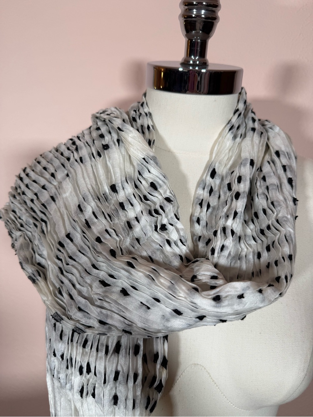 Vintage Sevya handmade white black polka dotted micro pleated long silk scarf